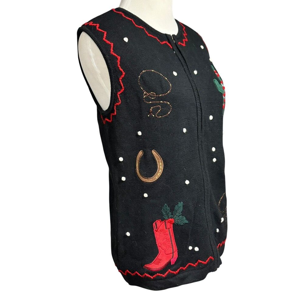 Charter Club Womens Small Black Western Christmas Sweater Vest Cowboy novelty